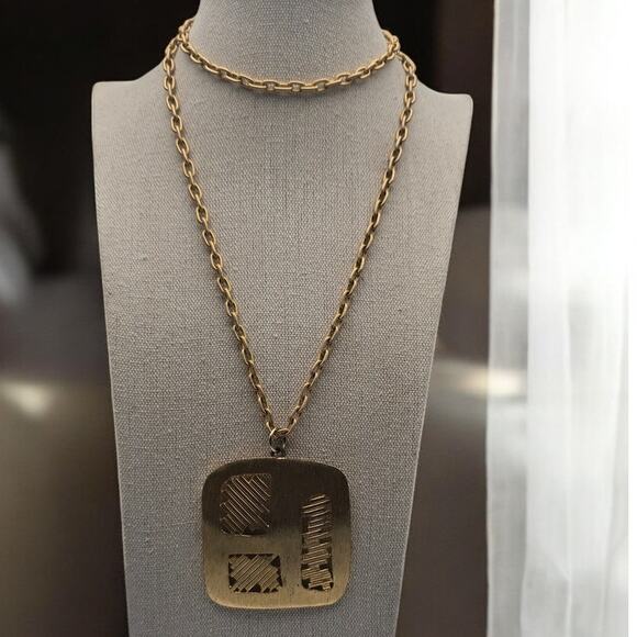 Vintage Retro 80s Gold Tone Abstract Modernist Statement Long Necklace - Picture 3 of 6